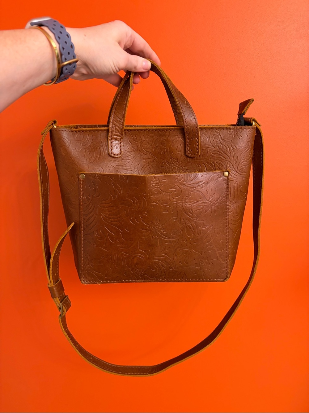 Portland Leather Goods Meadow Zipper Mini Tote Crossbody - Embossed Floral - Picture 4 of 13